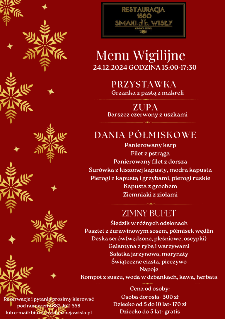 Menu Wigilijne 24.12.2024r. godz.15:00-17:30